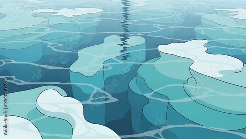 Stylized illustration of an arctic ocean with floating ice floes.