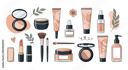 Comprehensive collection of various makeup and skincare products including creams, serums, lipsticks, and beauty brushes.