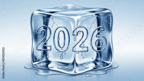 Melting ice cube with the year 2026 inscribed, symbolizing the passage of time and the approaching new year