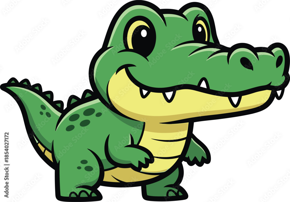 Obraz premium Adorable green cartoon alligator illustration featuring a friendly smile and happy eyes, a playful vector character ideal for kids' content and animal-themed projects