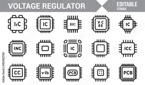 Editable outline voltage regulator icons on white background
