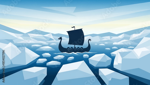 Viking longship silhouette sailing through a frozen arctic sea.