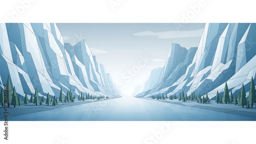 Expansive Arctic landscape with towering glaciers and a frozen river.