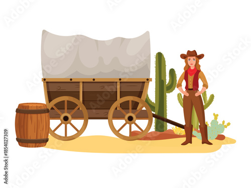 Cart wooden, Wild west. Flat vector clipart, illustration with isolated background.