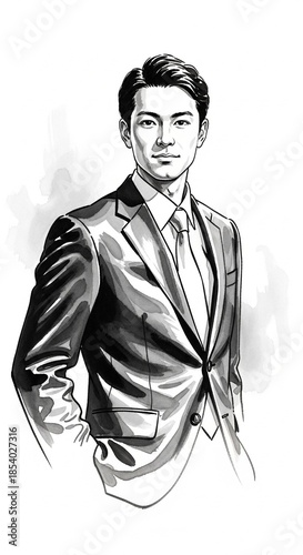 ビジネスマンの墨絵イラスト：20代日本人男性の自信に満ちた表情とスーツ姿