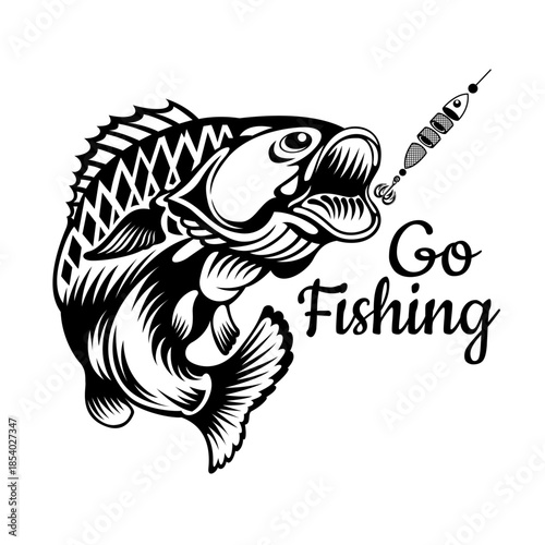Perch Jumping Out of Water Chasing a Fishing Lure. Monochrome logo for fishing, championship or sport club on white. Monochrome logo for fishing, championship or sport club on white