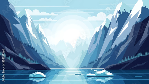 Vector illustration of a serene arctic fjord landscape with mountains and icebergs.