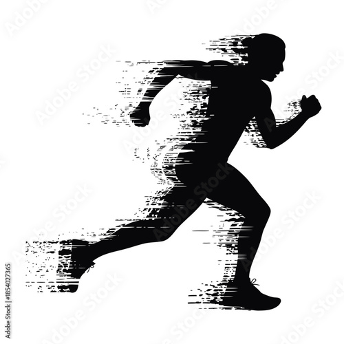 Silhouette of a running person dissolving into digital pixels and glitch effects