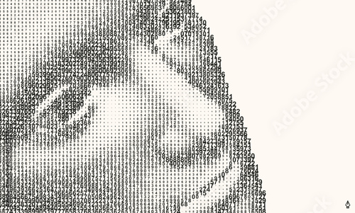 A face emerging through a cascading digital code matrix. Concept of digitalization and artificial intelligence. 3D vector illustration for a brochure, poster, presentation, flyer, or banner.