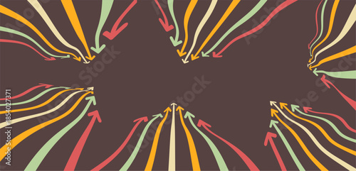 Wavy arrows moving forward towards the target. Leadership. The concept of a clash of several teams. Art composition. Dynamics. Vector for a brochure, poster, cover, presentation, flyer, or banner.