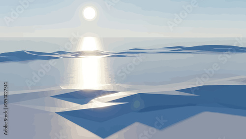 Stylized 3D rendering of a low poly arctic landscape with a bright sun.