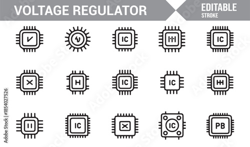 Voltage regulator and IC outline icons set