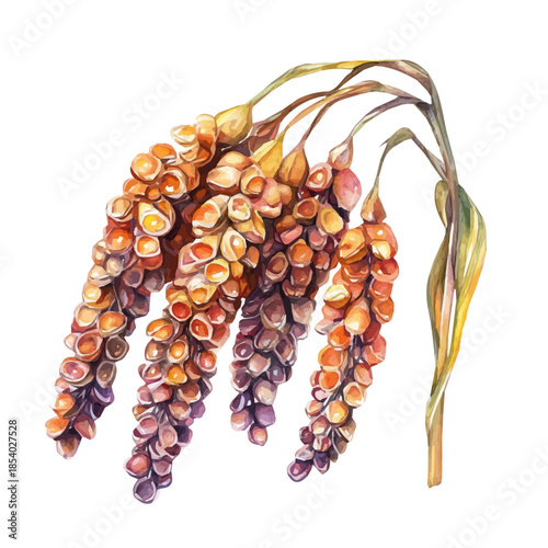 Watercolor design, with minimal yet artistic elements for creative designs. hand-drawn paint, A beautiful painting of sorghum grains set, EPS format, isolated on a white background