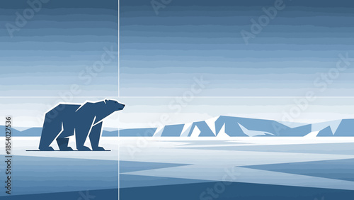 Stylized vector illustration of a solitary polar bear on ice.