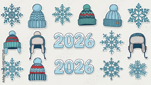 Winter hats with snowflakes and 2026 text