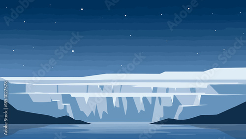 Vast arctic glacier under a starry night sky vector illustration.