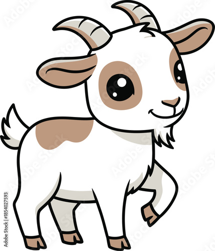 Cute cartoon baby goat with brown patches walking and smiling