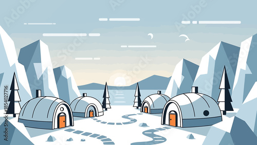 A futuristic polar village with modern dome-shaped igloo houses.