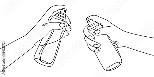 Hands holding spray cans in a continuous line art drawing, depicting creative action