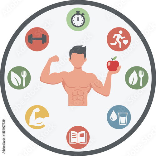A fit muscular man holding an apple surrounded by health and wellness icons representing a balanced lifestyle