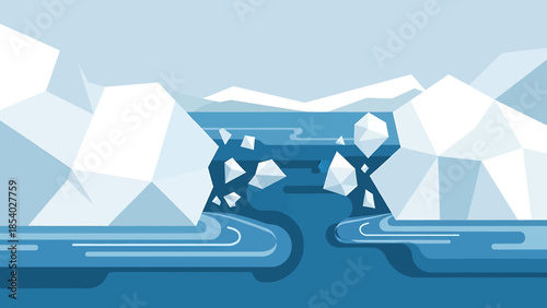 Flat vector illustration of arctic icebergs and a frozen sea.