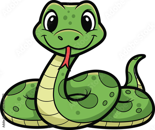 A charming cartoon illustration of a friendly green snake with a pink tongue sticking out, coiled up and smiling adorably