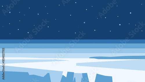 Minimalist vector illustration of a frozen arctic ocean landscape at night.