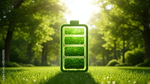 Green Battery Icon with Grass Texture in Lush Forest Environment