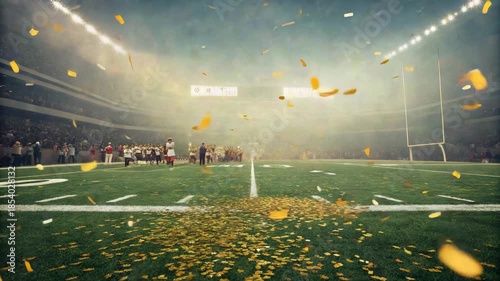 Cinematic American Football Stadium Celebration with Confetti and Golden Lighting Effects