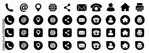 Solid communication and contact icon set with phone, email, location, user, globe, share and support symbols for business cards, websites, mobile apps, SaaS dashboards and UI interfaces