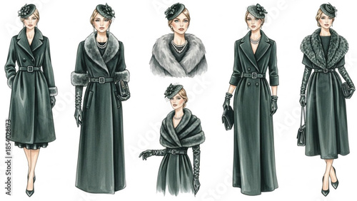 Vintage Winter Elegant Women Fashion Illustration Set with Long Coats Fur Stoles Hats and Classic Accessories