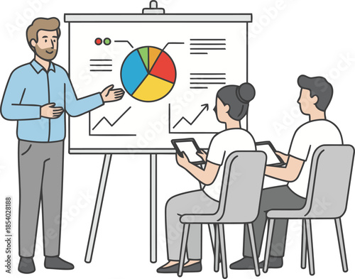 A male presenter explains business data and market trends to an attentive audience during a professional meeting