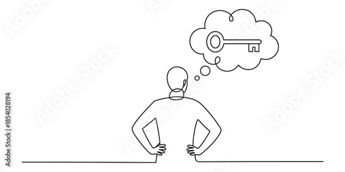 Continuous line drawing: person thinking of a key