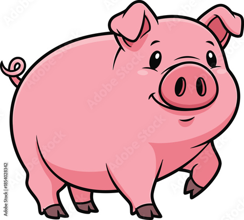 Adorable Cartoon Pig illustration, a cheerful pink swine with a curly tail, perfect for various design needs