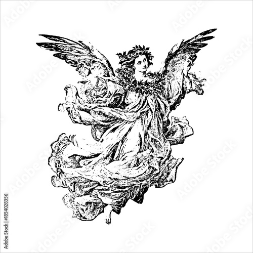 Vintage Flying Angel with Flowing Robes Illustration