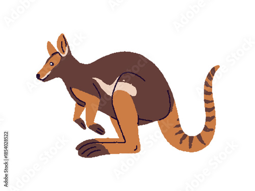 Baby wallaby side view. Small kangaroo with striped tail. Cute native marsupial animal of Australia. Australian character. Wild nature, fauna. Flat isolated vector illustration on white background.