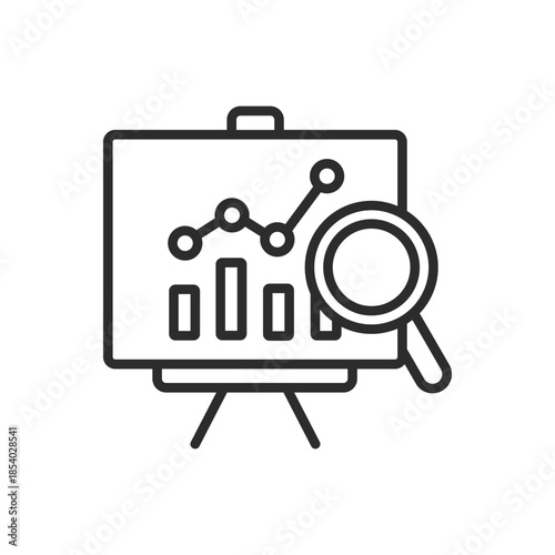 Business Presentation Vector Icon of Growth Chart on Whiteboard with Magnifying Glass for Data Analysis, Research, and Success