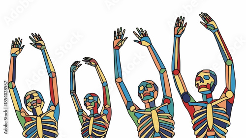Colorful Skeletons Raising Hands in Unison.