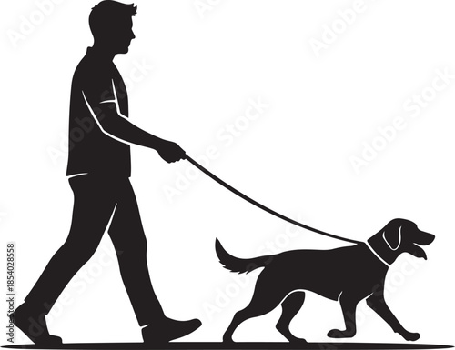 Man walking dog on leash in silhouette