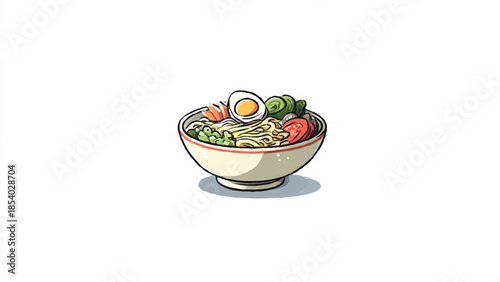 Hand drawn style ramen noodle soup bowl with egg and fresh toppings