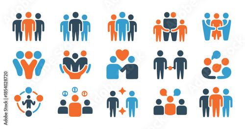 Leadership and teamwork outline icons set collaboration partnership people success