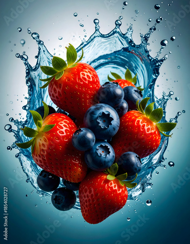 Fresh Strawberry and Blueberry Water Splash for Healthy Food Ads