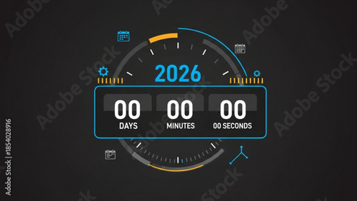 Countdown timer to 2026 with sleek modern digital clock face and minimalistic design elements on dark background
