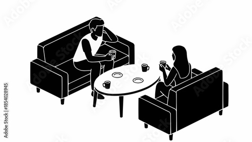 Man and Woman Sitting on Sofas Drinking Coffee.