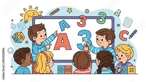 A group of children learning alphabet and numbers on a whiteboard with colorful letters and numbers
