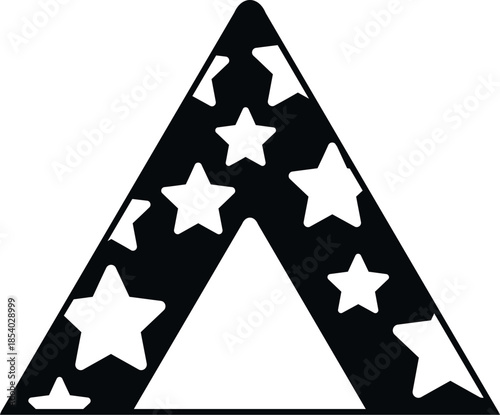Tent icon in black and white silhouette with star patterns