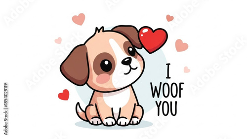 Cute brown and white puppy with hearts and i woof you text