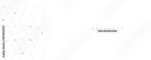 Minimal abstract hexagon background with geometric grid pattern, modern white technology design with colorful connection dots for corporate branding, presentation, website layout and business template