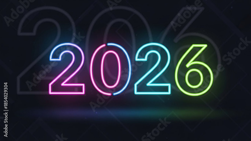 Neon colorful 2026 year text with glowing effect on dark background, futuristic date display with vibrant pink blue and yellow hues