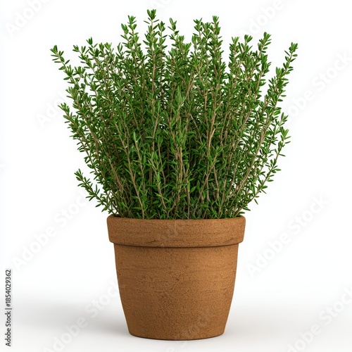 Lush Green Thyme Plant in Rustic Brown Pot Against White Background